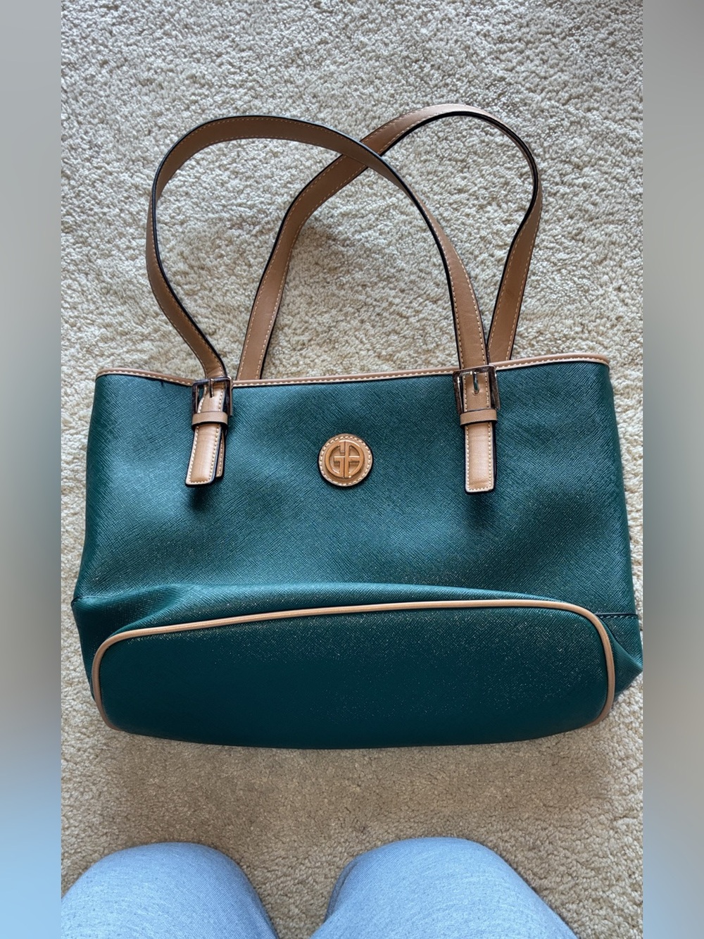 Giani Bernini Teal Tote with Tan Trim and Gold Emblem